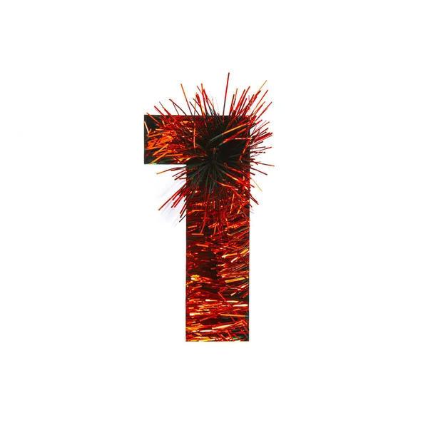Festliche Nummer eins aus rotem Lametta und Papierschnittform der ersten Ziffer isoliert auf weiß. Schrift für die Urlaubsgestaltung — Stockfoto