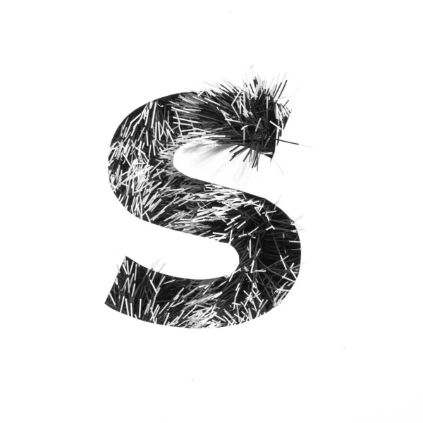 Black and white letter S of English alphabet of tinsel or fur isolated on white. Minimalistic stylish typeface — Stock Photo, Image