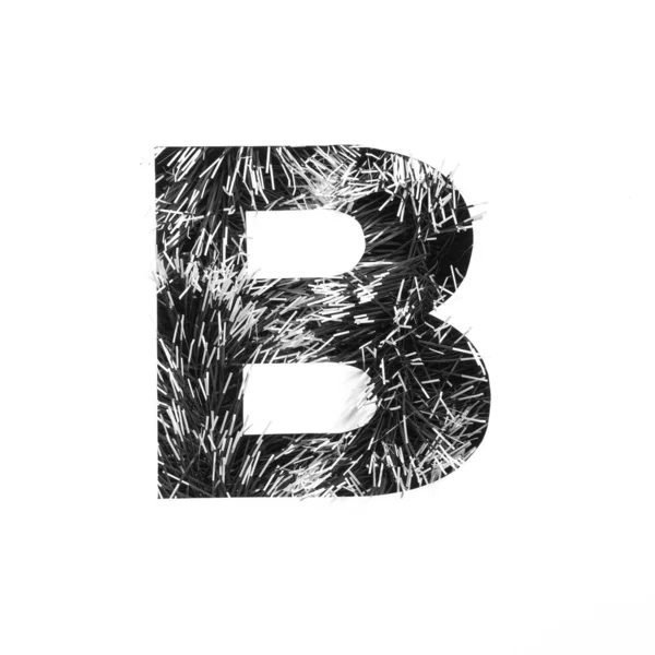 Black letter B made of monochrome tinsel and paper cut isolated on white. English alphabet for minimalistic design — Stock Photo, Image