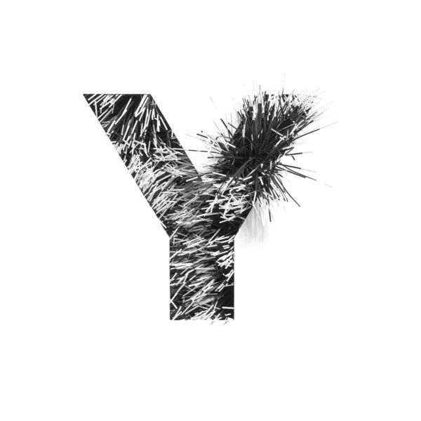 Letter Y of monochrome black tinsel and paper cut isolated on white. Festive English alphabet for minimalistic design — 图库照片