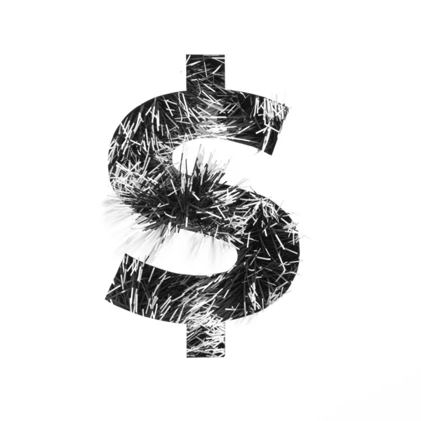 Δολάρια σύμβολο νόμισμα του μαύρο και άσπρο tinsel και κομμένο χαρτί. Μονόχρωμη γραμματοσειρά για μινιμαλιστικό σχεδιασμό — Φωτογραφία Αρχείου