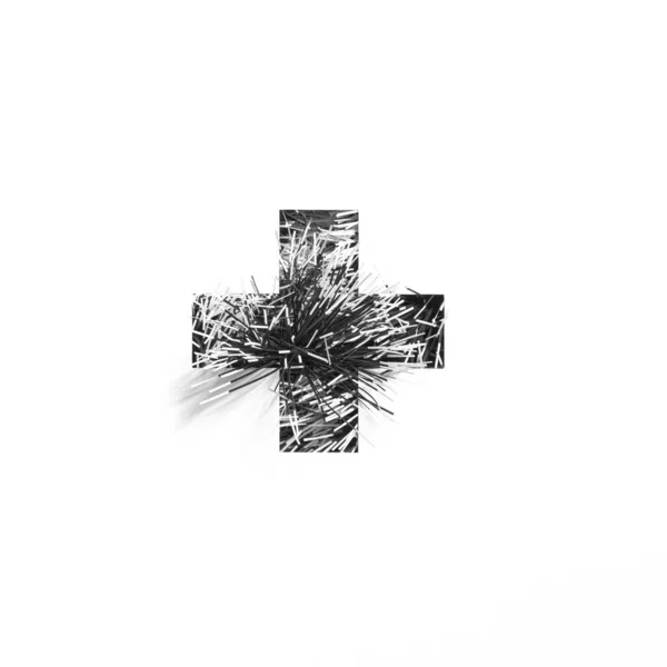 Plus summation sign or cross made of black tinsel and cut paper isolated on white. Monochrome typeface — Stock Photo, Image