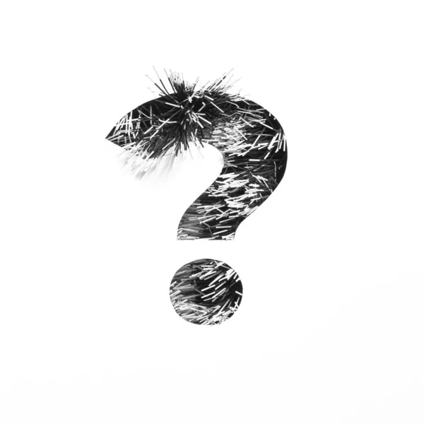 Question punctuation sign of black and white tinsel and cut paper. Monochrome typeface for celebration design — Stock Photo, Image