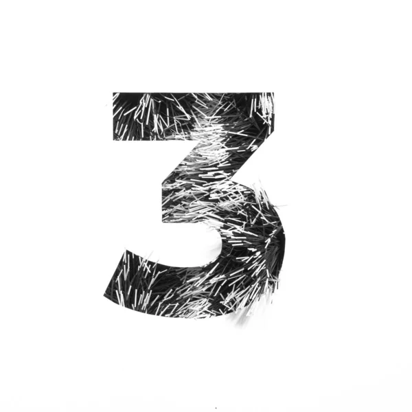 Black and white fur minimalistic typeface, number three of tinsel and paper cut in shape of third numeral — Stock Photo, Image