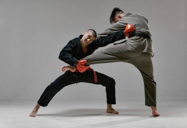 Gray Stüdyoları 'nın arka planında karışık dövüş antrenmanı yaparken kavga etmek. Kimono giyen atletik erkekler ve boks eldiveni eğitimi