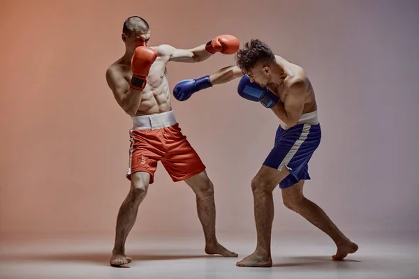 Sparring of two athletic fighting males in boxing gloves during battle, martial arts, mixed fight concept