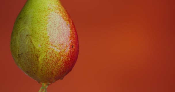 Close up vídeo suco de pêra fluindo de frutas no fundo do estúdio laranja com espaço de cópia para a alimentação saudável anúncio — Vídeo de Stock