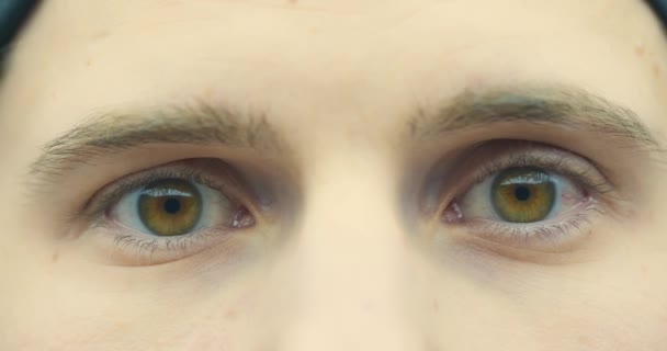 Närbild av manligt ansikte. Snygg kille med bruna ögon i kontaktlinser tittar på kameran, blinkar. Makronärbild, 4K. — Stockvideo