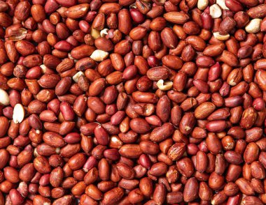 Fındık arka planı. Fıstık fasulyesi, tahıl dokusu, sağlıklı yer fıstığı atıştırması, yemek blogu ya da reklam için fotoğraf. Üst görünüm