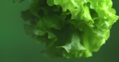 Yeşil marul yaprakları yeşil arka planda dönüyor. Vitaminler, sağlıklı beslenme konsepti. Videoyu kapat