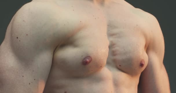 Video ravvicinato di contrarre muscoli maschili del torace. Sano modello di fitness atletico mostrando in forma allenato corpo nudo — Video Stock