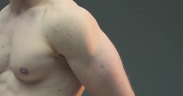 Close-up gespierde man met naakte romp tonen biceps en triceps spieren op grijze studio achtergrond. Shirtloze atleet — Stockvideo