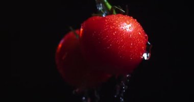 Dökülen suyun altında domatesleri hızlıca döndürün. Sebze vitaminleri, sağlıklı beslenme konsepti.