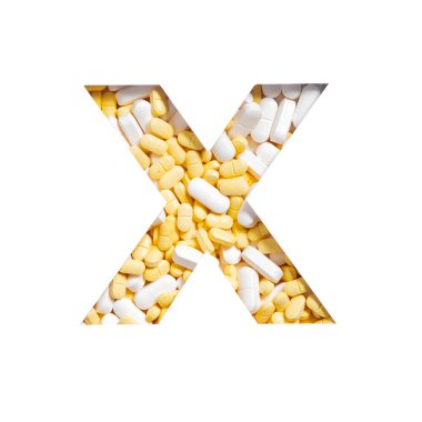 Alfabenin X harfi beyaza izole edilmiş. İlaç, takviye veya vitamin tabletleri. Eczane için verilen hapların yazı tipi