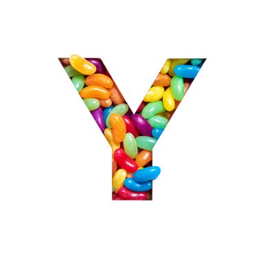 Renkli jöleli şeker ve beyaz üzerine izole edilmiş kağıt kesiminden oluşan Y harfi. Şenlikli yazı tipi