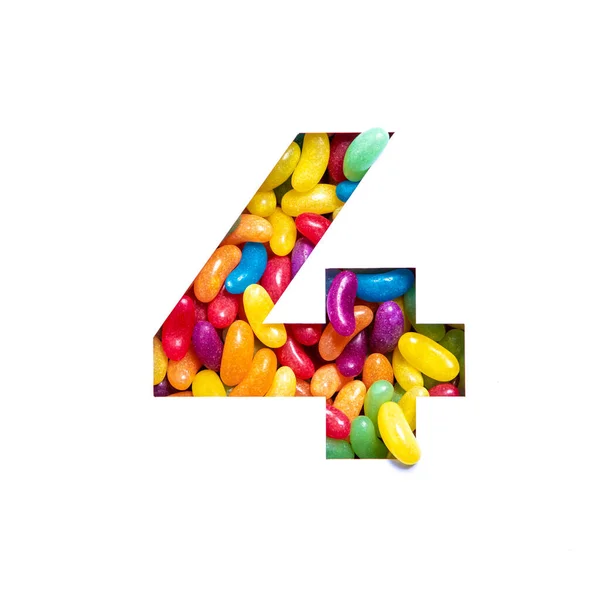 Négyes számú színes cukorka zselés cukorka, és fehér alapon izolált, negyedik számjegyű papír. Szivárvány betűtípus — Stock Fotó