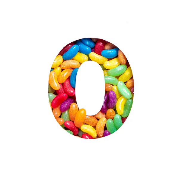 Αριθμός μηδέν από πολύχρωμα ζαχαρωτά ζελεδάκια και χαρτί κομμένο σε σχήμα μηδενικού ψηφίου που απομονώνονται σε λευκό. Τύπος Rainbow — Φωτογραφία Αρχείου