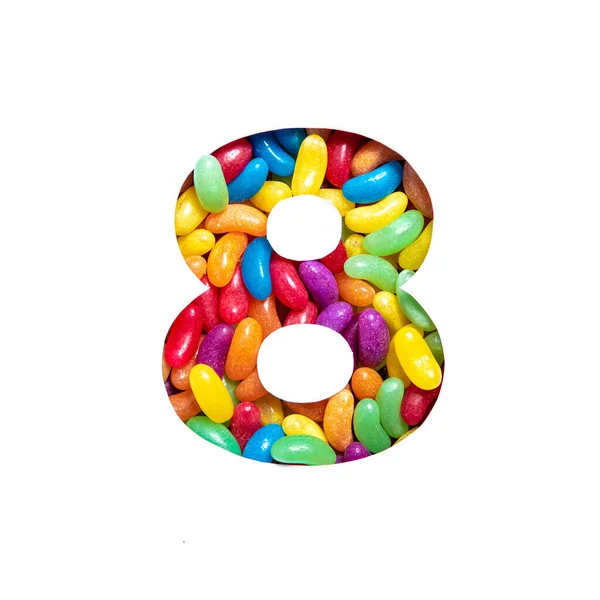 Αριθμός οκτώ πολύχρωμα ζαχαρωτά ζελεδάκια και χαρτί κομμένο σε σχήμα όγδοου ψηφίου που απομονώνονται σε λευκό. Τύπος Rainbow — Φωτογραφία Αρχείου