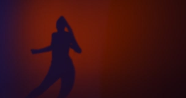 Egy fiatal lány árnyéka, aki szenvedélyes forró táncot táncol a stúdióban. Kifejezés és ritmus. Fénymásolási hely — Stock videók