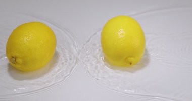 Akan sularda yuvarlanan limonlar, beyaz stüdyo arkaplanındaki doğal turunçgiller. Sağlıklı beslenmek için vitaminler