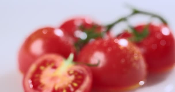 Brin de tomates italiennes juteuses fraîches mûres dans des gouttes d'eau. Végétaux bio bio brillants naturels pour une alimentation saine — Video