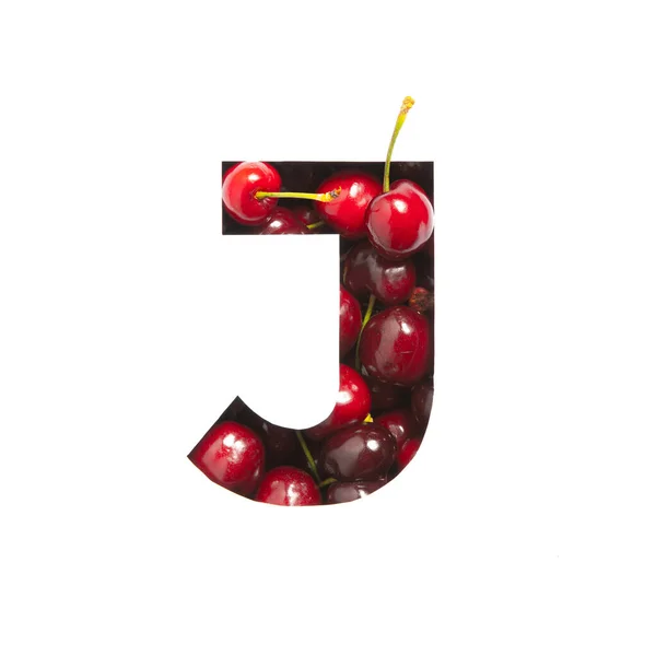 Kirschen-Alphabet. Buchstabe J aus Beeren und Papier isoliert auf weiß geschnitten. Schrift für den Bio-Lebensmittelmarkt. Vitamine — Stockfoto