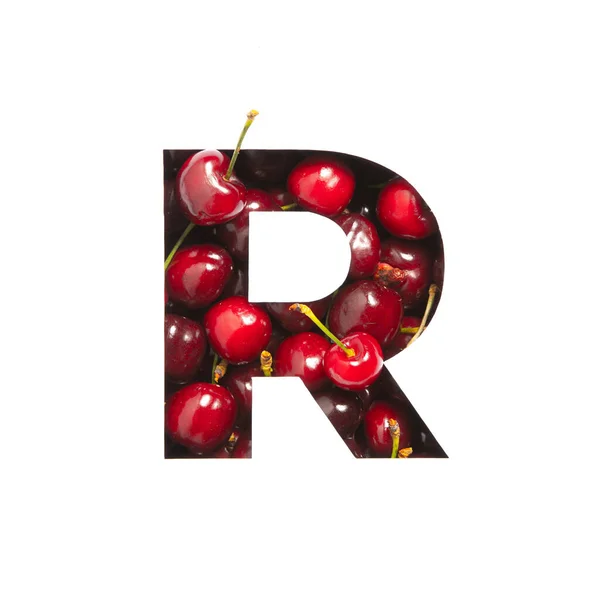 체리 알파벳. 흰색으로 자른 딸기 와종 이 로만들어 진 R 자. 축제 디자인을 위한 유형 — 스톡 사진