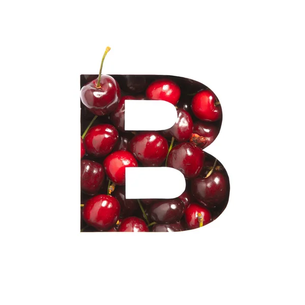Вишневий алфавіт. Літера B, зроблена з червоних ягід і вирізана папером, ізольована на білому. Друк для біоорганічного харчування — стокове фото