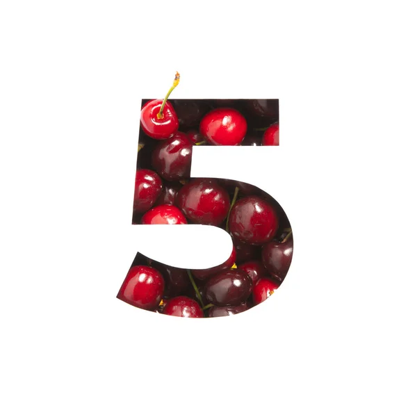 桜と紙で作られた5番目の数は、白に隔離された5番目の数字の形でカット。赤い果実の祝祭的な書体 — ストック写真
