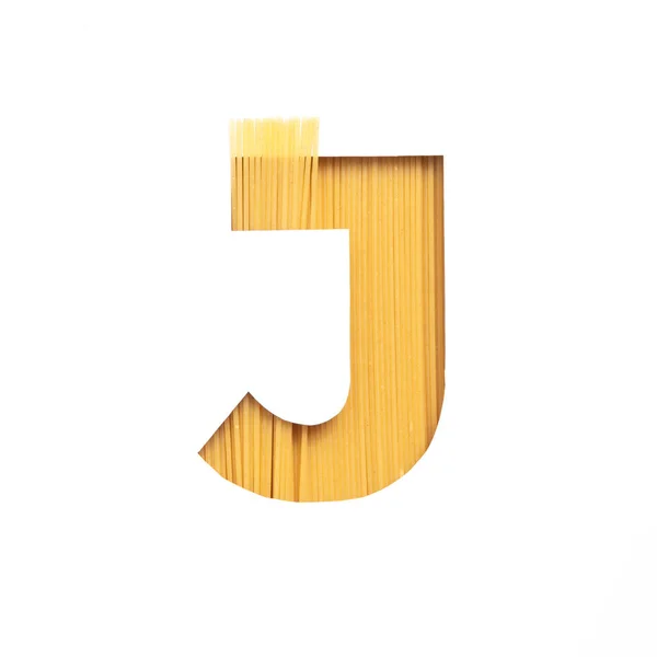 이탈리아 음식. 흰색에 떼어 놓은 스파게티로 만든 영어 알파벳 J 문자. 상품 상점 디자인을 위한 파스퇴르 티 페프 — 스톡 사진