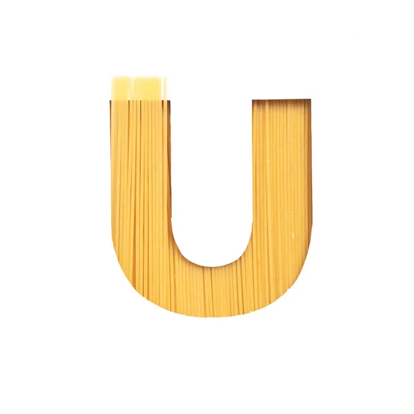 Italienisches Essen. Buchstabe U des englischen Alphabets aus Spaghetti isoliert auf weiß. Pasta-Schrift für die Gestaltung von Geschäften — Stockfoto