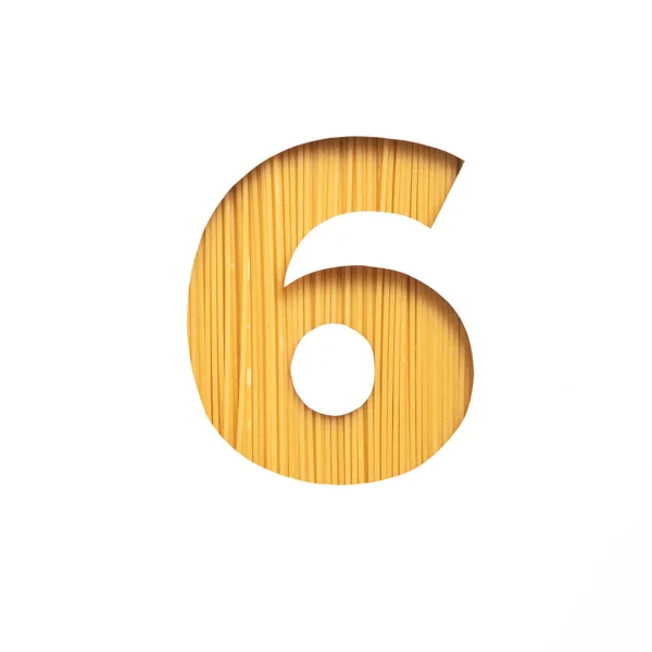 Number six made of italian pasta spaghetti, white cut paper in shape of sixth numeral. Typeface for products sore design — Stock Photo, Image
