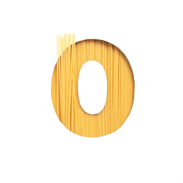 Numero zero fatto di spaghetti di pasta italiana, carta tagliata a forma nulla su bianco. Caratteristica per la progettazione di imballaggi di prodotti — Foto Stock