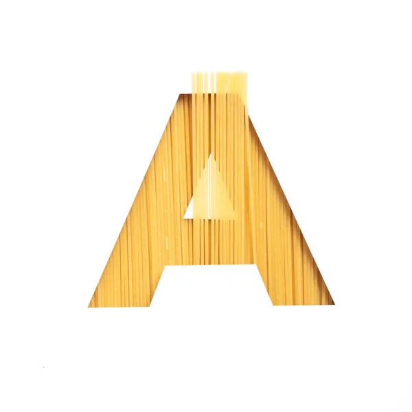 Spaghetti-Alphabet. Buchstabe A aus Nudeln und weißem Schnittpapier. Schrift für die Gestaltung von Lebensmittelgeschäften. Italienische Lebensmittel — Stockfoto