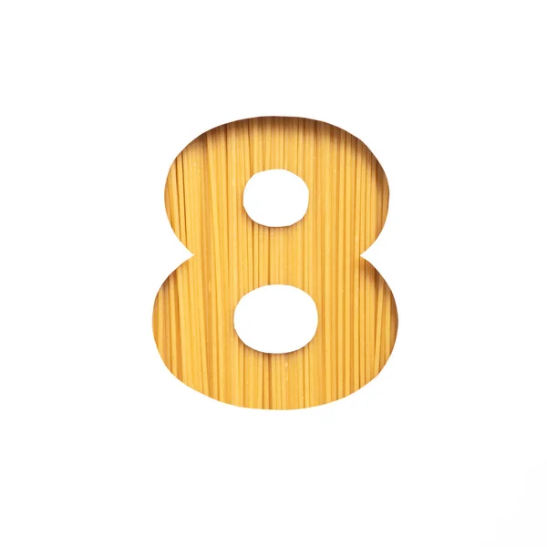 Número oito, feito de macarrão italiano, esparguete, papel branco. Oitavo numeral. Tipografia para produtos design dolorido — Fotografia de Stock
