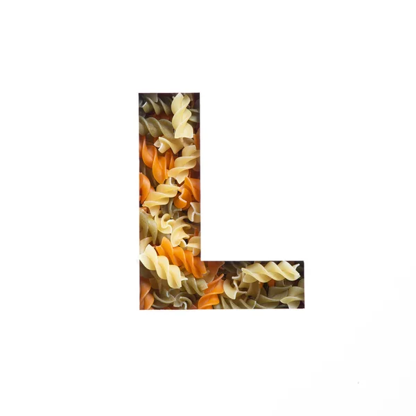 Włoski krój żywności do projektowania opakowań. Litera L angielskiego alfabetu makaronu fusilli i białego papieru ciętego — Zdjęcie stockowe