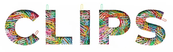 Schrift des englischen Wortes Clips aus bunten Regenbogen-Büroklammern und geschnittenem Papier isoliert auf weiß. Schrift für Design — Stockfoto