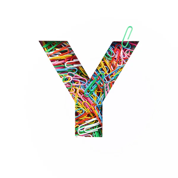 Letter Y of English alphabet of colourful rainbow paperclips, white cut paper sheet. Typeface of office supplies — Stock Photo, Image