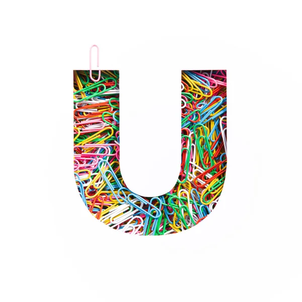 영어 알파벳 U 의 다채 로운 무지개 페이퍼 립, 흰 종이 종이. 사무실 용품의 유형 — 스톡 사진