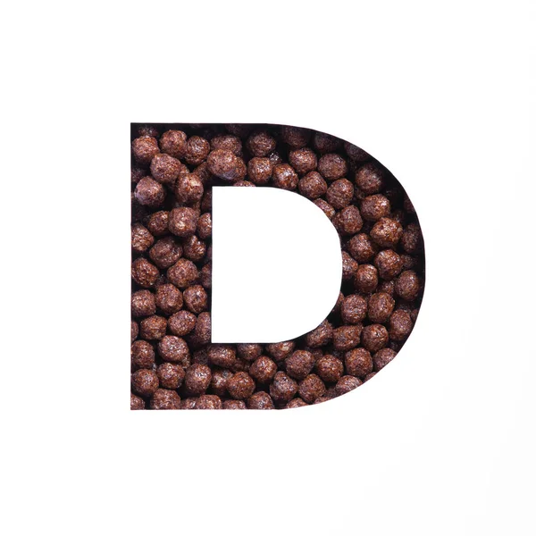 Buchstabe D des Alphabets der nahrhaften Schokolade Müslibällchen, weiß geschnittenes Papier. Schrift für gesunde Frühstücksverpackungen — Stockfoto