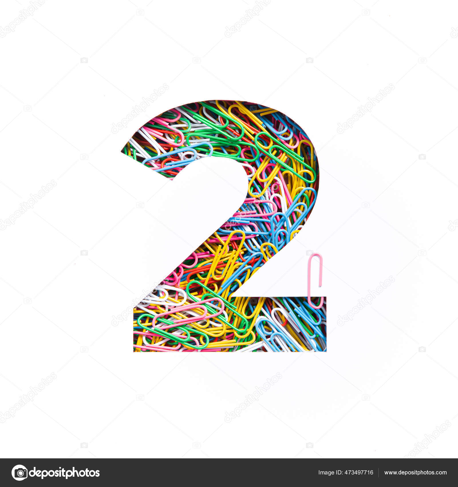 Number two of colorful rainbow paperclips, white cut paper sheet