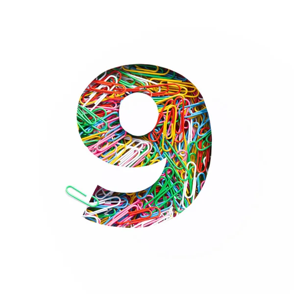 Νούμερο εννέα από πολύχρωμα συνδετήρες ουράνιο τόξο, λευκό κομμένο φύλλο χαρτιού. Ένατος αριθμός. Τυφλοπόντικας. Γραφική ύλη, γραφική ύλη γραφείου — Φωτογραφία Αρχείου