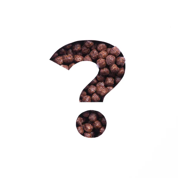 Fragezeichen auf Schokolade Müslibällchen und geschnittenes Papier isoliert auf weiß. Schrift für Food-Blogging — Stockfoto
