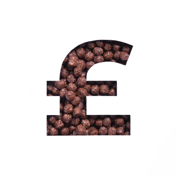 Pound money sign made of chocolate cereal balls and cut paper isolated on white. Font for organic food store — Stock Photo, Image