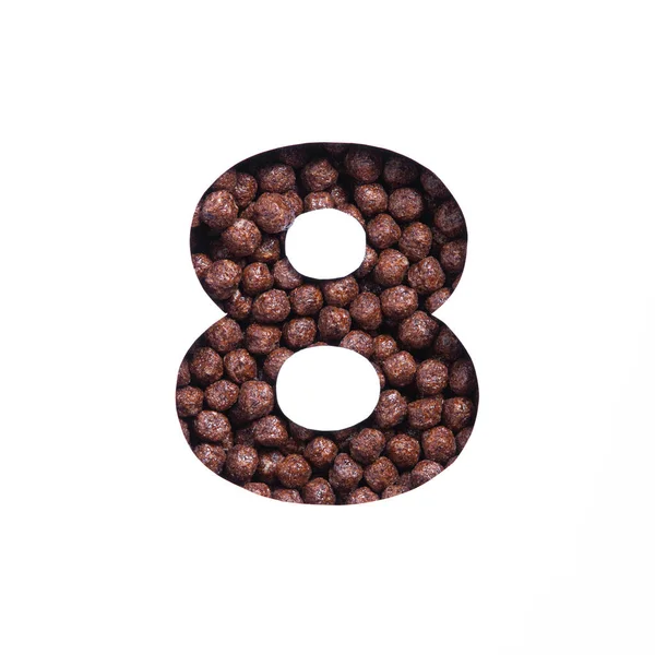 Νούμερο οκτώ από διατροφικές μπάλες δημητριακών σοκολάτας, λευκό κομμένο χαρτί. Όγδοος αριθμός. Typeface για υγιεινά προϊόντα κατάστημα — Φωτογραφία Αρχείου