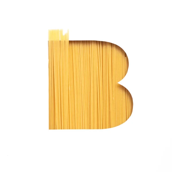 Spaghetti italienisches Essen. Buchstabe B des englischen Alphabets aus Pasta, weißem geschnittenem Papier. Schrift für Lebensmittelgeschäft — Stockfoto