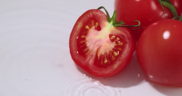 Maturare succosi pomodori italiani sdraiati in acqua, gocce d'acqua cadenti. Ortaggi biologici naturali o frutta per un'alimentazione sana — Video Stock