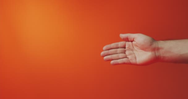 Primer plano mano masculina mostrando maqueta de plantilla Tarjeta de crédito del banco con servicio en línea aislado en fondo naranja. Espacio de copia — Vídeo de stock
