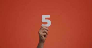 Beş numarayı gösteriyor. Rakamlı kol, blog, oy verme veya öğrenme için oyulmuş kağıttan yapılmış beşinci numara