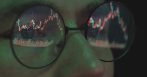 株式市場のトレーダーは株価のグラフを見て、眼鏡の男性ブローカーはレートを分析し、クローズアップ. — ストック動画